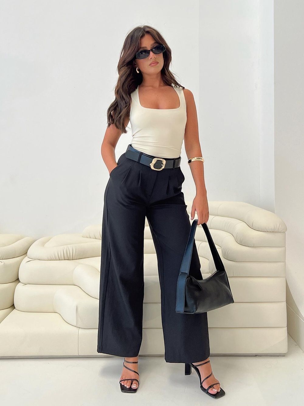 Princess Polly Black Wide Leg High-Waist Trousers with Cream Tank Styling